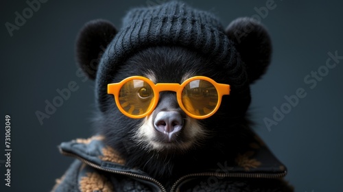a black bear wearing yellow sunglasses and a black jacket with a knitted hat on top of it's head.