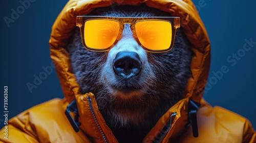 a close up of a dog wearing a yellow jacket with sunglasses on it's face and a blue background.