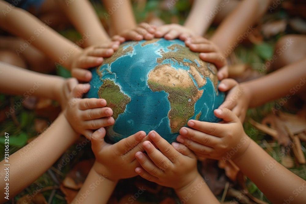 A group of children holding hands and forming a circle around a globe , world peace concept, clean sharp focus A group of children holding hands and forming a circle around a globe , world peace concept, clean sharp focus