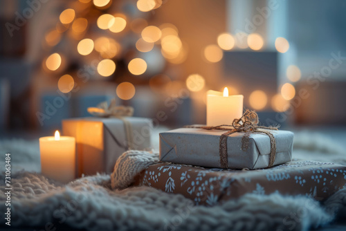 An atmospheric and cozy scene featuring elegantly wrapped presents in a warm candle-lit setting, conveying a heartwarming gifting experience. Selectiv photo