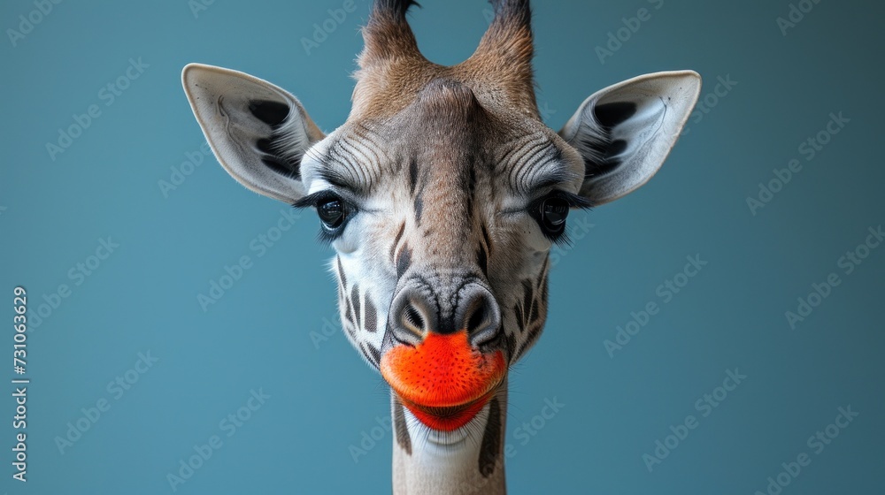 a close up of a giraffe's face with an orange ball in it's mouth, against a blue background.