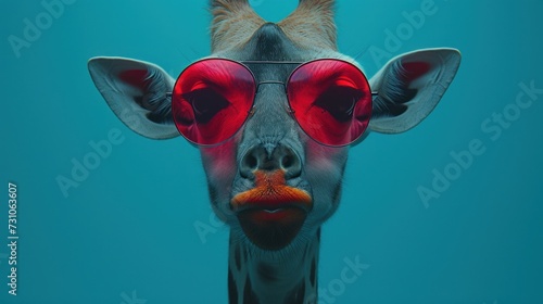 a close up of a giraffe with sunglasses on it's face and a nose with red glasses on it's head.