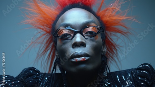 a woman with red hair and glasses wearing a black dress and a black jacket with orange feathers on her head.