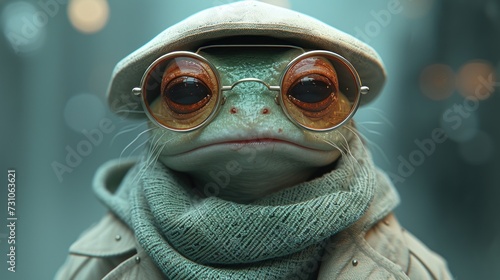 a close up of a stuffed animal wearing a hat and glasses with a scarf around its neck and a scarf around its neck.