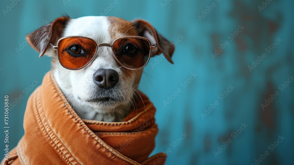 a brown and white dog wearing glasses and a brown jacket with a blue wall behind it and a blue wall behind it. a brown and white dog wearing glasses and a brown jacket with a blue wall behind it and a blue wall behind it.