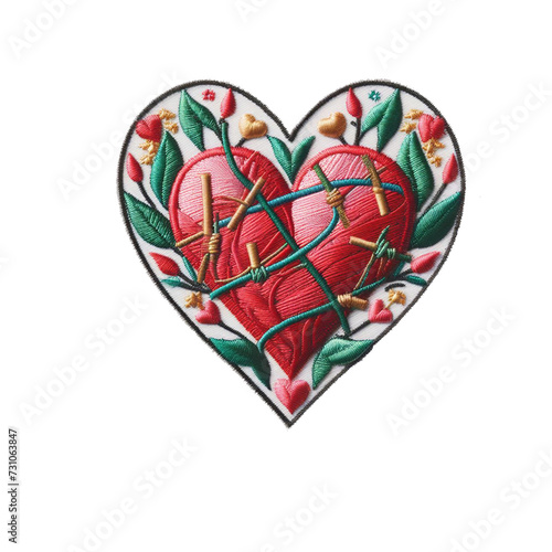 heart embroidered patch badge on transparent background, PNG, AI generated 