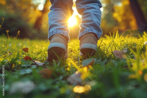 Close up shot of The feet of a young boy walking in the park There is beautiful sunlight. photo