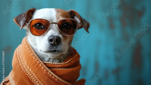 a brown and white dog wearing glasses and a brown jacket with a blue wall behind it and a blue wall behind it. © Nadia