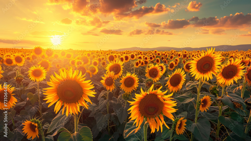 A field of sunflowers against the background of the evening sky.