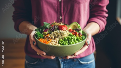 Woman in casual attire holds vegan super bowl with hummus, veggies, salad, beans, couscous, avocado, and smoothie, ideal for dinner or lunch.