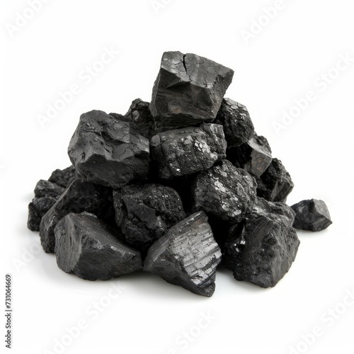 A heap of coal is isolated against a white background, providing a clear and distinct image.