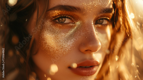 young adult woman with gold glitter golden makeup, abstract, sparkle and glitter, bokeh, gold dust and beauty of youth, youthful appearance, young and style and fashion and fashion, model caucasian