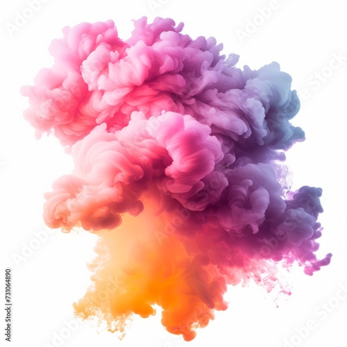 A dense and colorful cloud of haze is isolated against a white background  creating a striking visual contrast.