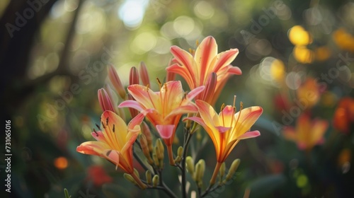 a close up of a bunch of flowers in a field with blurry trees in the background and sunlight shining on the flowers.