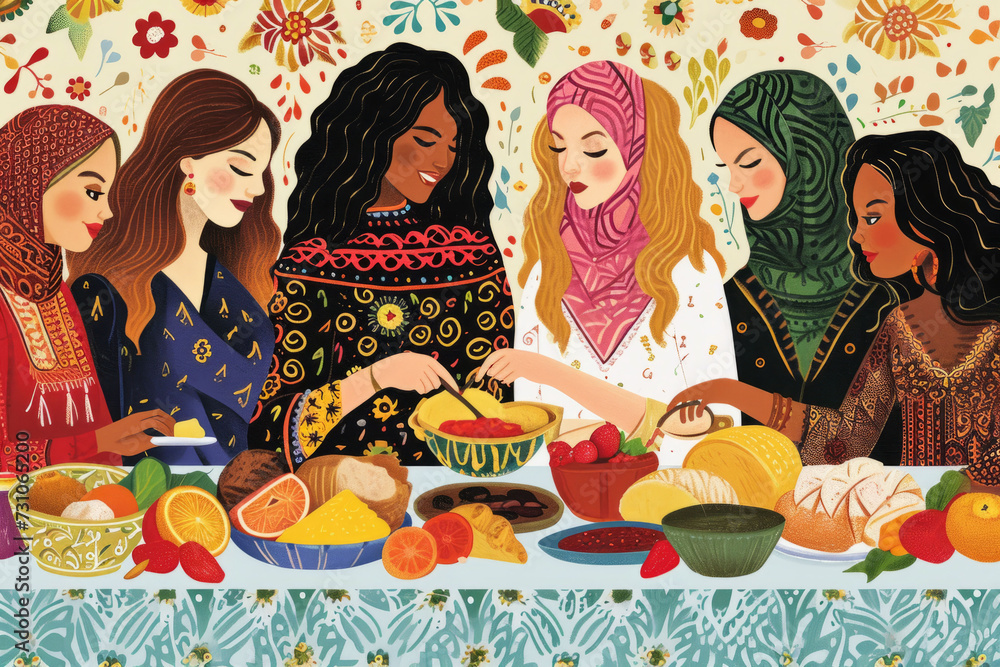 Women From Different Cultural Backgrounds Sharing Traditional Foods