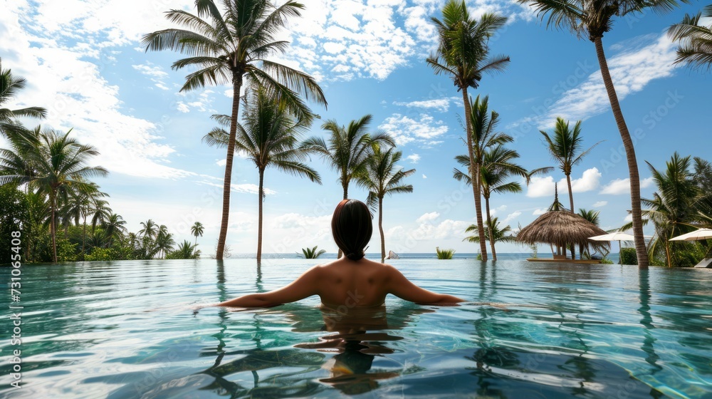 A serene Hispanic woman enjoys sunbathing at a tropical resort with an infinite pool, set against a backdrop of palm trees on Lombok island, reflecting the laid-back lifestyle of people in Indonesia. A serene Hispanic woman enjoys sunbathing at a tropical resort with an infinite pool, set against a backdrop of palm trees on Lombok island, reflecting the laid-back lifestyle of people in Indonesia.