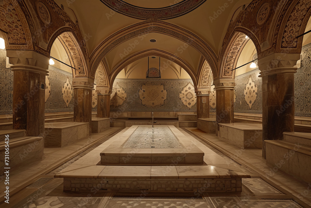 A traditional Turkish hammam, focusing on the central marble heated platform surrounded by intricate mosaics and ornate arches.