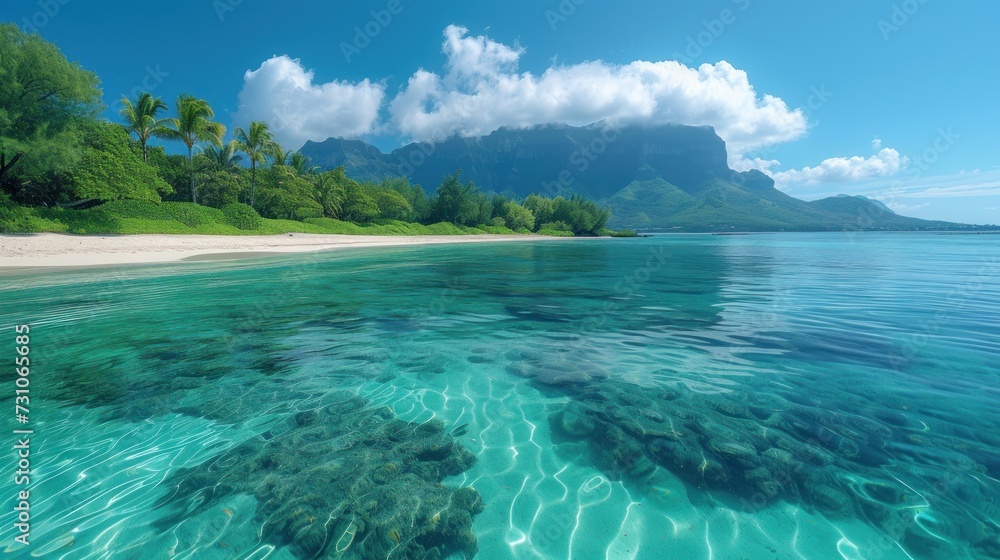 a body of water with a beach in the background and a mountain in the distance with clouds in the sky. a body of water with a beach in the background and a mountain in the distance with clouds in the sky.