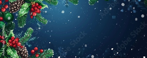 Christmas card: mistletoe, holly, pinecones, evergreen, berries, snowflakes on dark blue. Greeting or invitation template, watercolor art.