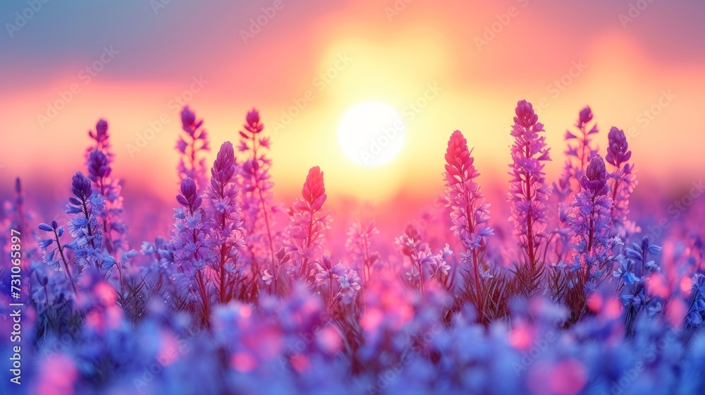 a field full of purple flowers with the sun setting in the distance in the distance in the middle of the picture.