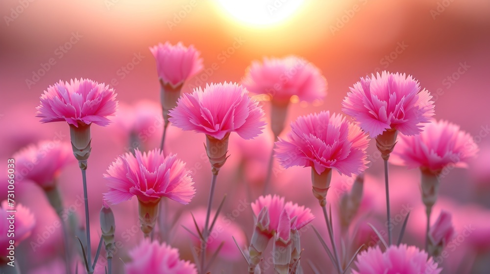 a field of pink flowers with the sun shining in the backgrounnd of the picture in the background. a field of pink flowers with the sun shining in the backgrounnd of the picture in the background.