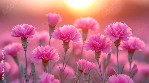 a field of pink flowers with the sun shining in the backgrounnd of the picture in the background.