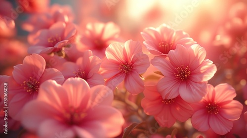 a bunch of pink flowers that are blooming on a sunny day with the sun shining through the clouds in the background.