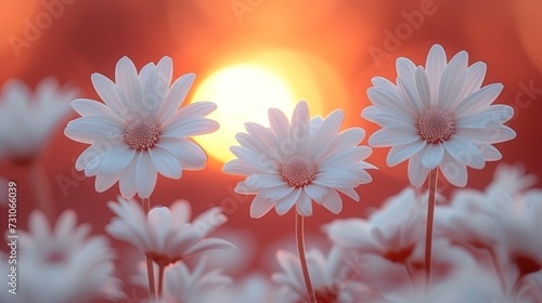 a group of white daisies in front of a bright orange and red background with the sun in the distance. photo