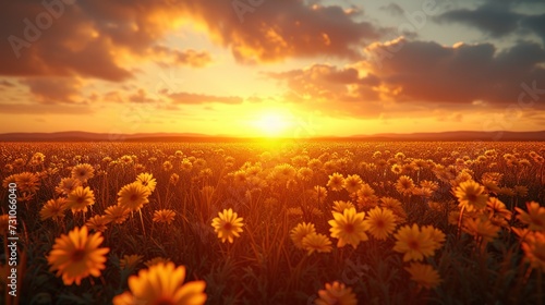 a field full of yellow flowers with the sun setting in the middle of the sky in the middle of the day.