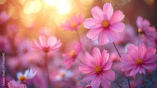 a field of pink flowers with the sun shining through the clouds in the backgrounnd of the photo.