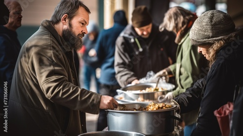 Volunteers distribute food to homeless individuals at a community center, illustrating compassionate support and aid for those in need.