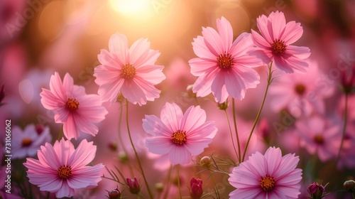 a field of pink flowers with the sun shining through the clouds in the background and a blurry image of pink flowers in the foreground.