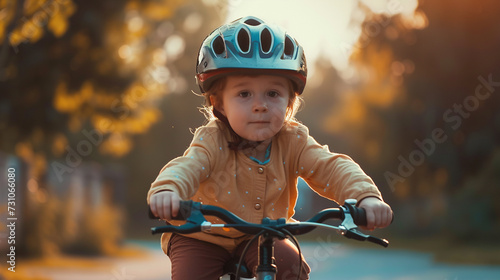 a toddler, child, a boy sits on the bike and rides, wearing a bike helmet, learning to ride a bike, in a city in the residential area, novice rider and childhood, caucasian