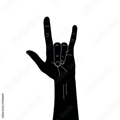 Hard rock horns sign. Rock hand sign silhouette with white contour. Vector illustration