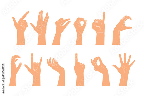 Set of raised human hands showing different gestures. Vector illustration of human hands