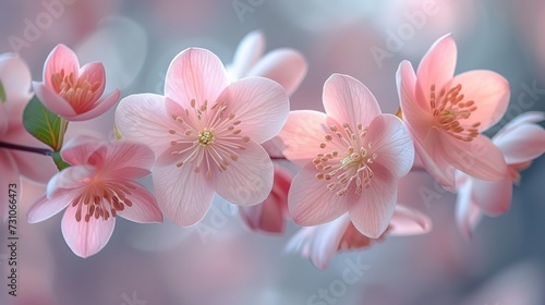 a close up of pink flowers on a branch with blurry backround in the background and a blurry backround in the foreground.