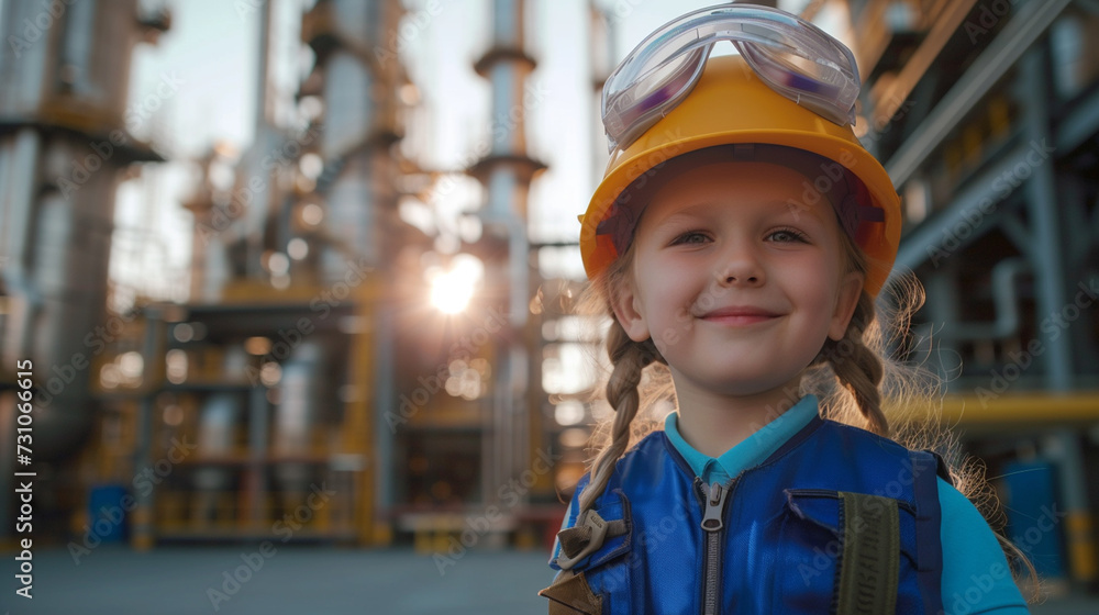 a small child a girl is on an oil platform or gas or hydrogen refinery, energy industry and extraction of raw materials