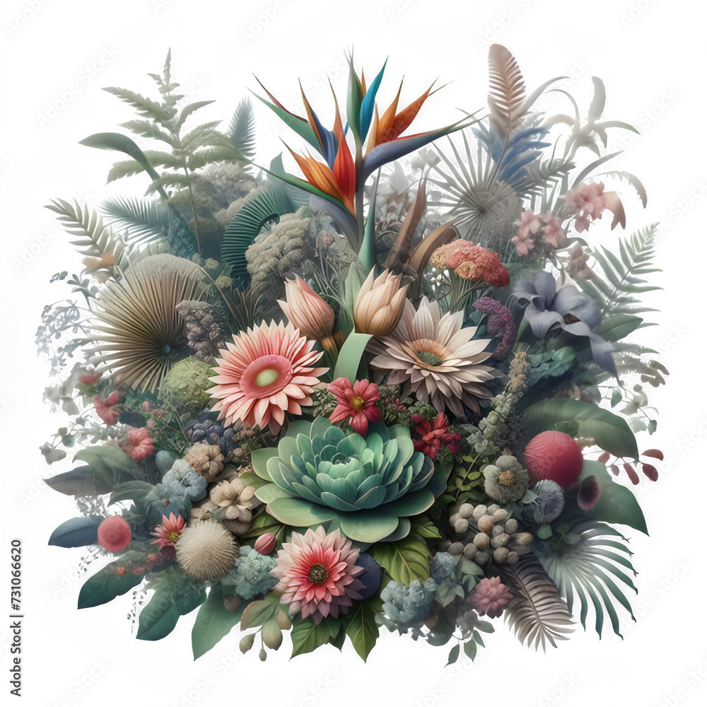 3D rendering of a collage of colorful succulent plants isolated on transparent background., 3D rendering of a collage of colorful succulent plants isolated on transparent background.,
