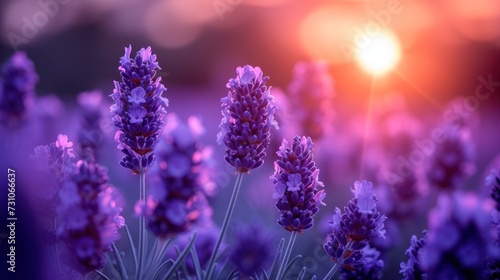 a field of lavender flowers with the sun setting in the backgrounnd of the field in the background.