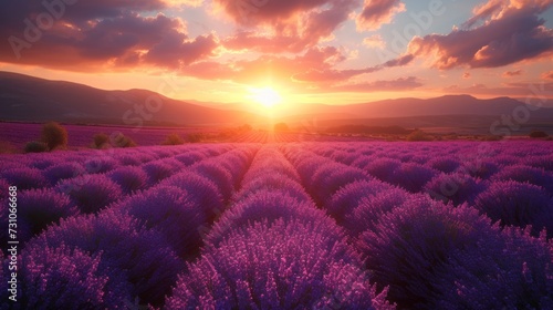 a field of lavender flowers at sunset with the sun setting over the mountains in the distance and clouds in the sky.