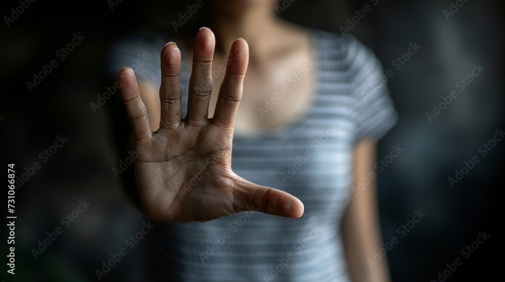 Young woman showing hand gesture, saying no and stop to alcohol, with copy space