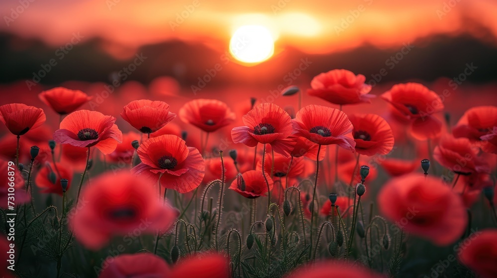 a field full of red flowers with the sun setting in the distance in the distance in the distance is a field of grass with red flowers in the foreground.