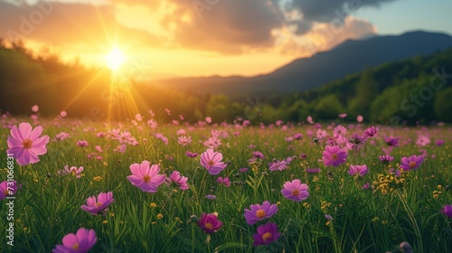 a field full of purple flowers with the sun setting in the sky in the middle of a field with mountains in the background.