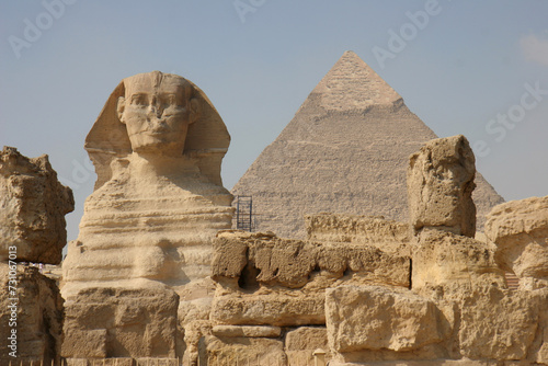 The Great Sphinx of Giza,  located in the pyramid complex near Cairo, Egypt. One of Seven Wonders of the World. photo
