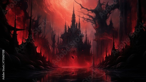 Abstract surreal gothic black and red castle in the underworld.