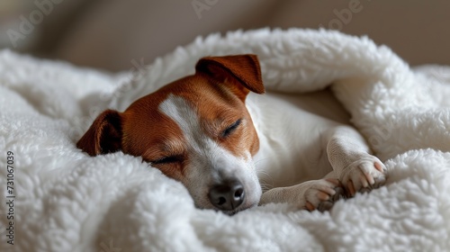 Cute dog sleeping peacefully on white bed with blanket   perfect for text placement