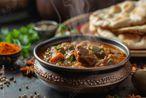 An atmospheric composition featuring a steaming bowl of halal lamb stew, with pita and Middle Eastern spices, conveying comfort and culinary adventure
