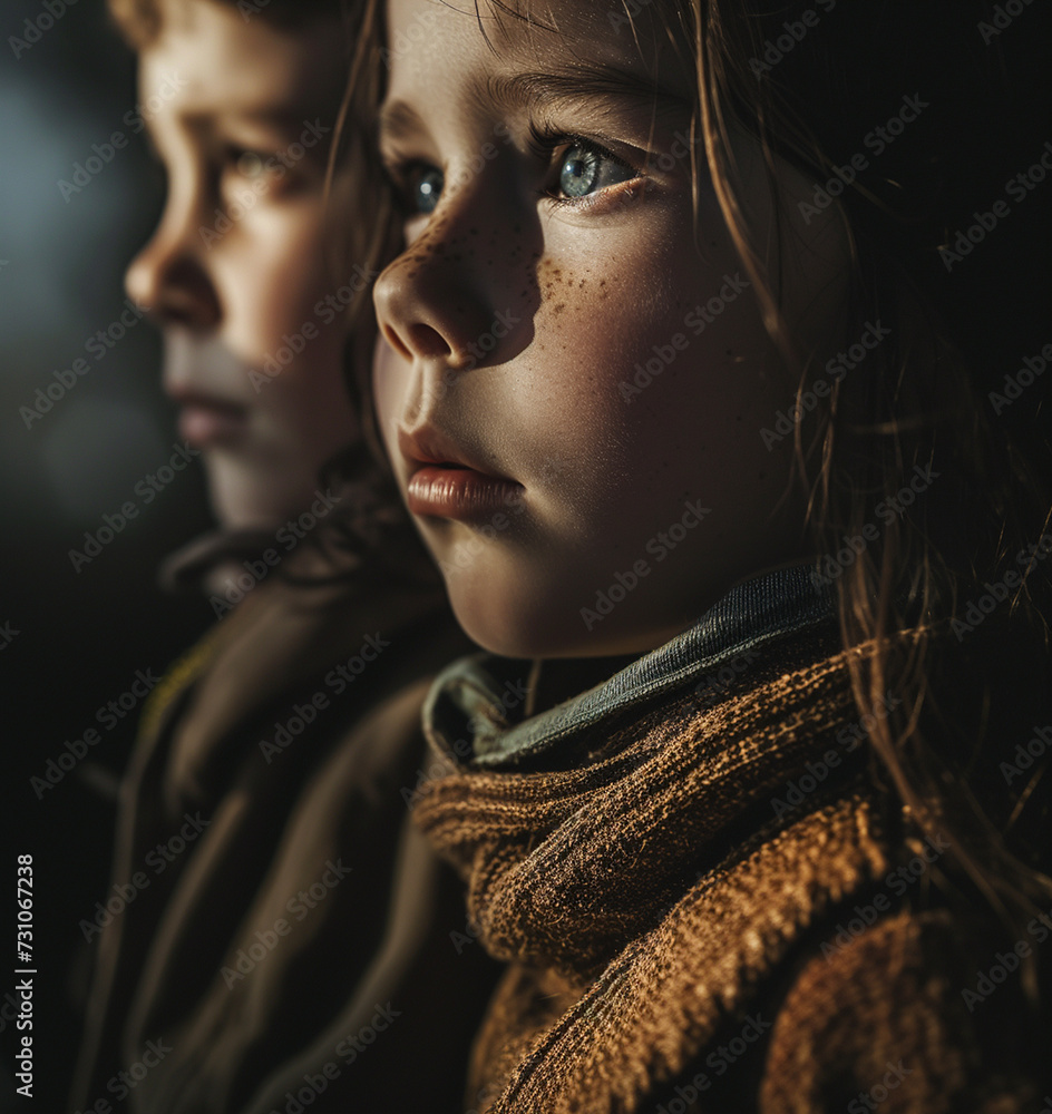a sad childhood, child in the dark, orphans or poverty or violent childhood, problems and worries, depressed facial expressions, sad children's faces, hope and childlike innocence