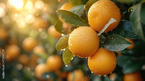 a bunch of oranges hanging from a tree with water droplets on them and green leaves in the foreground.