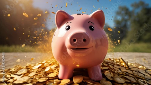 Happy piggy bank exploding with gold coins photo